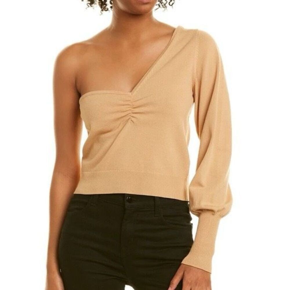 525 America Camel One Shoulder Sweater ruched bust camel color size S NWT